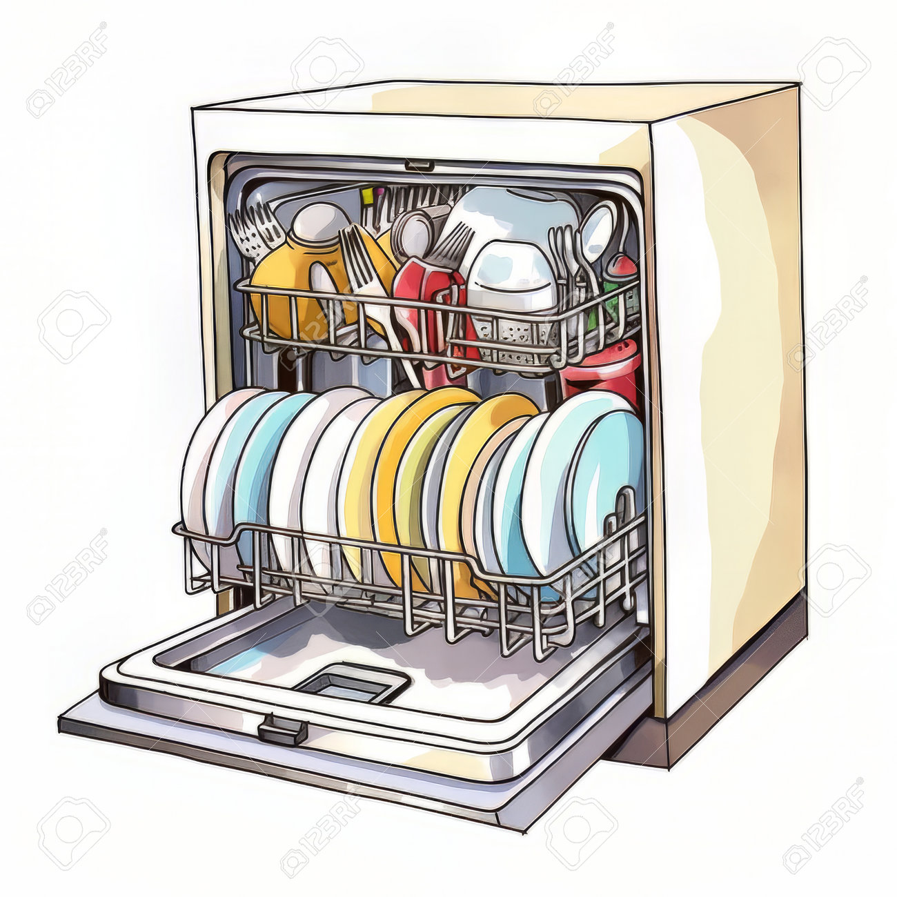 Illustration Of A Dishwasher With Clean Dishes On A White Background Free  Image and Photograph 205276017., image size:1300x1300