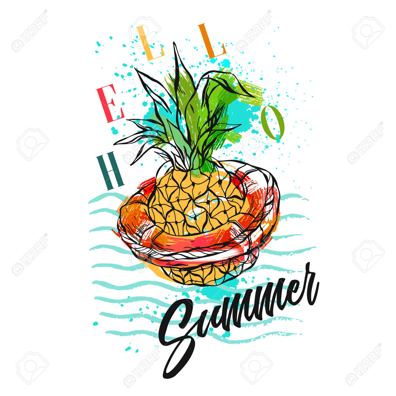 海の波 フリーハンドのテクスチャ 現代書道の夏時間引用こんにちは夏白い背景で隔離赤い救命浮環にパイナップルと抽象的な熱帯イラストを描かれたベクターの手します のイラスト素材 ベクタ Image