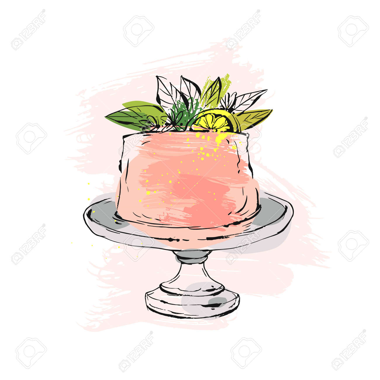 Hand drawn vector abstract watercolor textured cake on cake stand with lemon,flowers and leaves in peach colors isolated on white background.Wedding, art,anniversary,birthday,save the date,cake shop - 78021714 Hand drawn vector abstract watercolor textured cake on cake stand with lemon,flowers and leaves in peach colors isolated on white background.Wedding, art,anniversary,birthday,save the date,cake shop - 78021714