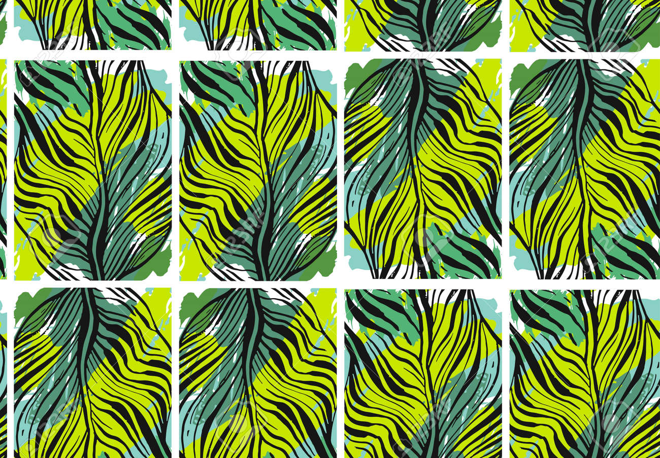 手描画ベクトル抽象的な熱帯のシームレスなパターン エキゾチックなジャングルのヤシの葉 緑の色でフリーハンドのテクスチャ のイラスト素材 ベクタ Image