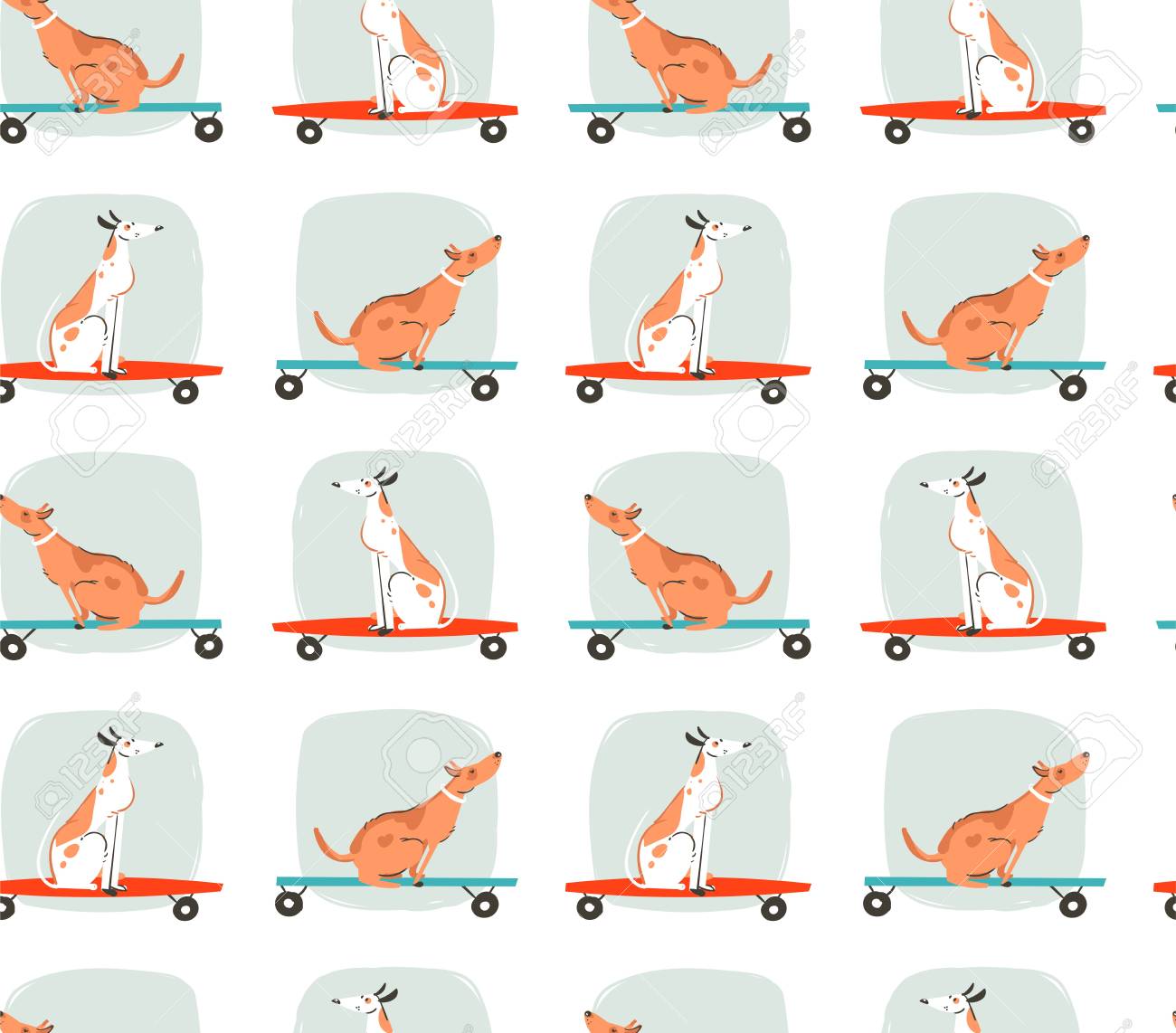 Dessin Dessiné à La Main Dessins Animés Dessin Dété Amusement Illustration Motif Sans Couture Avec Des Chiens à Cheval Sur Des Planches à Roulettes