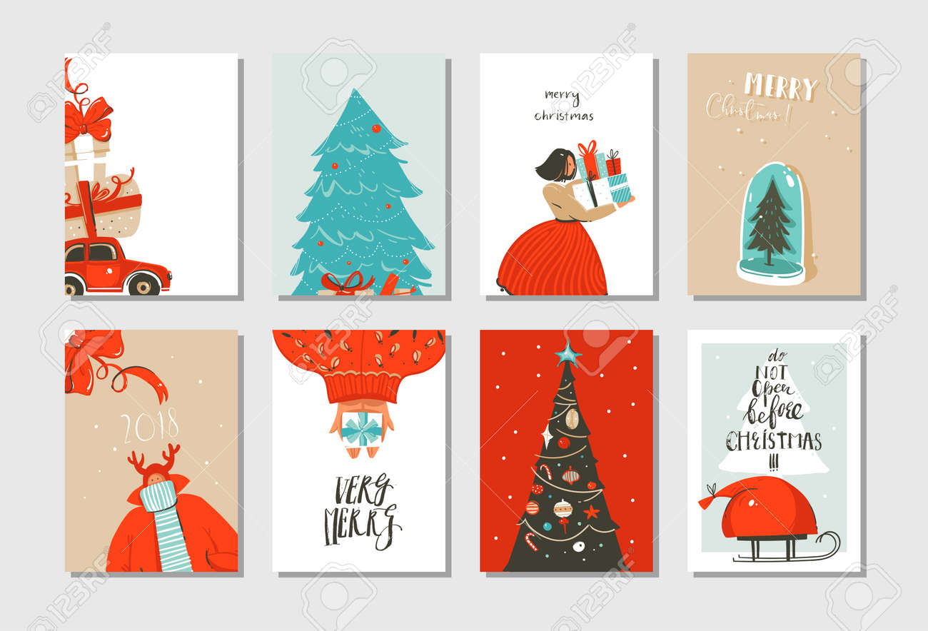 Hand Drawn Vector Abstract Fun Merry Christmas Time Cartoon Cards