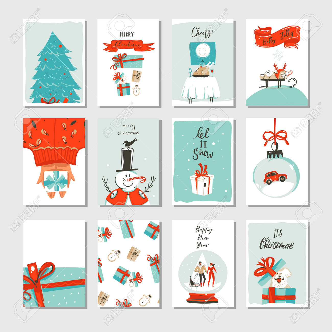 Hand drawn vector abstract fun Merry Christmas time cartoon cards collection set with cute illustrations,surprise gift boxes ,Xmas tree and modern calligraphy isolated on white background - 89963467 Hand drawn vector abstract fun Merry Christmas time cartoon cards collection set with cute illustrations,surprise gift boxes ,Xmas tree and modern calligraphy isolated on white background - 89963467