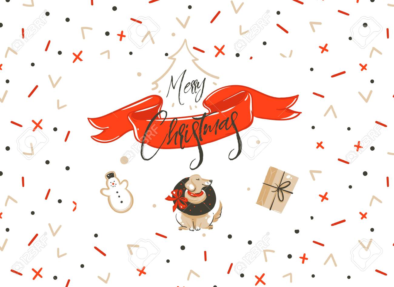 手描きベクター メリー クリスマス ショッピングの時間漫画画像簡単イラスト ロゴ デザイン犬 驚き贈り物シュートボクセ書道白い背景に分離されたメリー クリスマスと挨拶 の写真素材 画像素材 Image