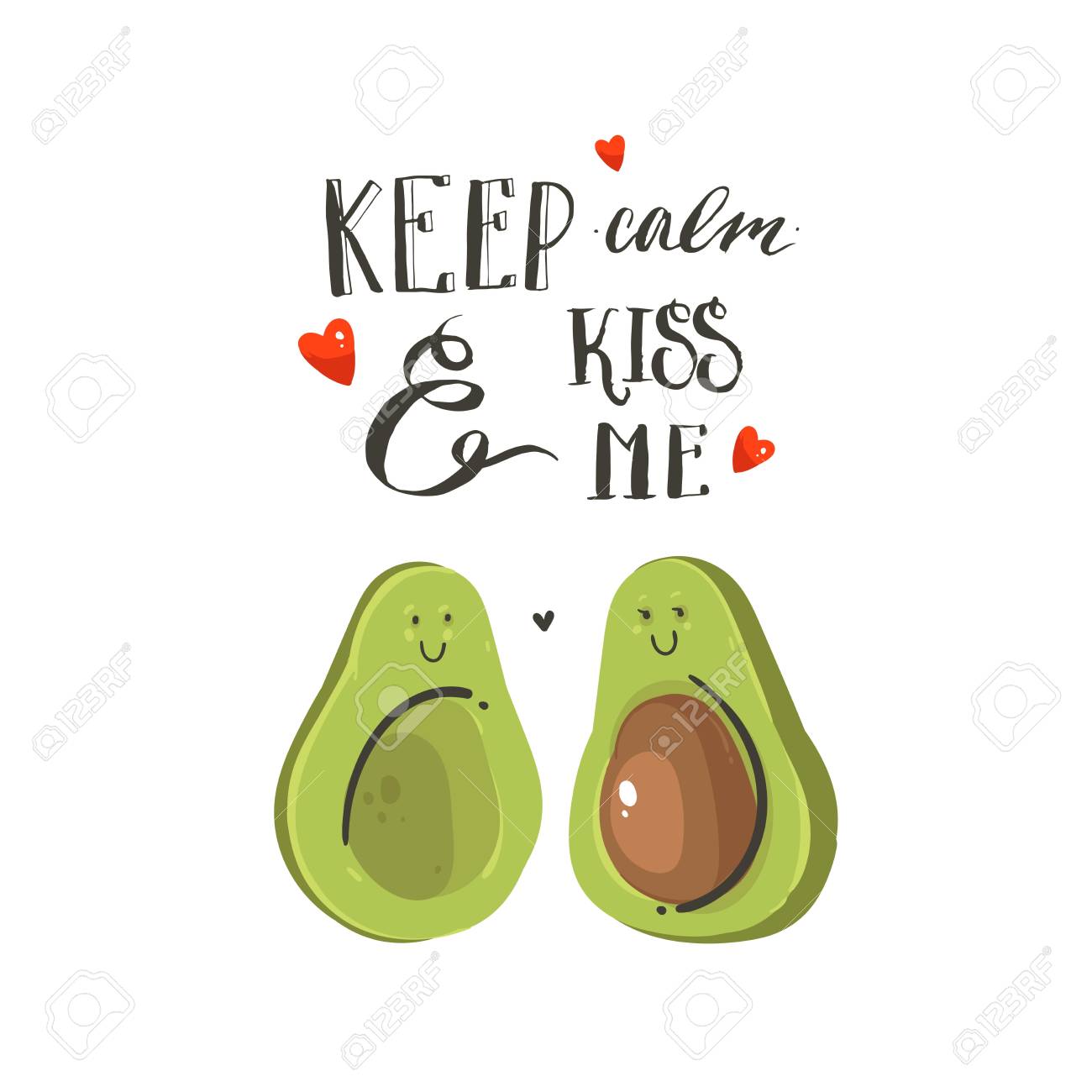Hand drawn vector abstract cartoon Happy Valentines day illustrations card with avocado couple, hearts and handwritten modern ink calligraphy text keep calm and kiss me. Isolated on white background. - 96282817 Hand drawn vector abstract cartoon Happy Valentines day illustrations card with avocado couple, hearts and handwritten modern ink calligraphy text keep calm and kiss me. Isolated on white background. - 96282817