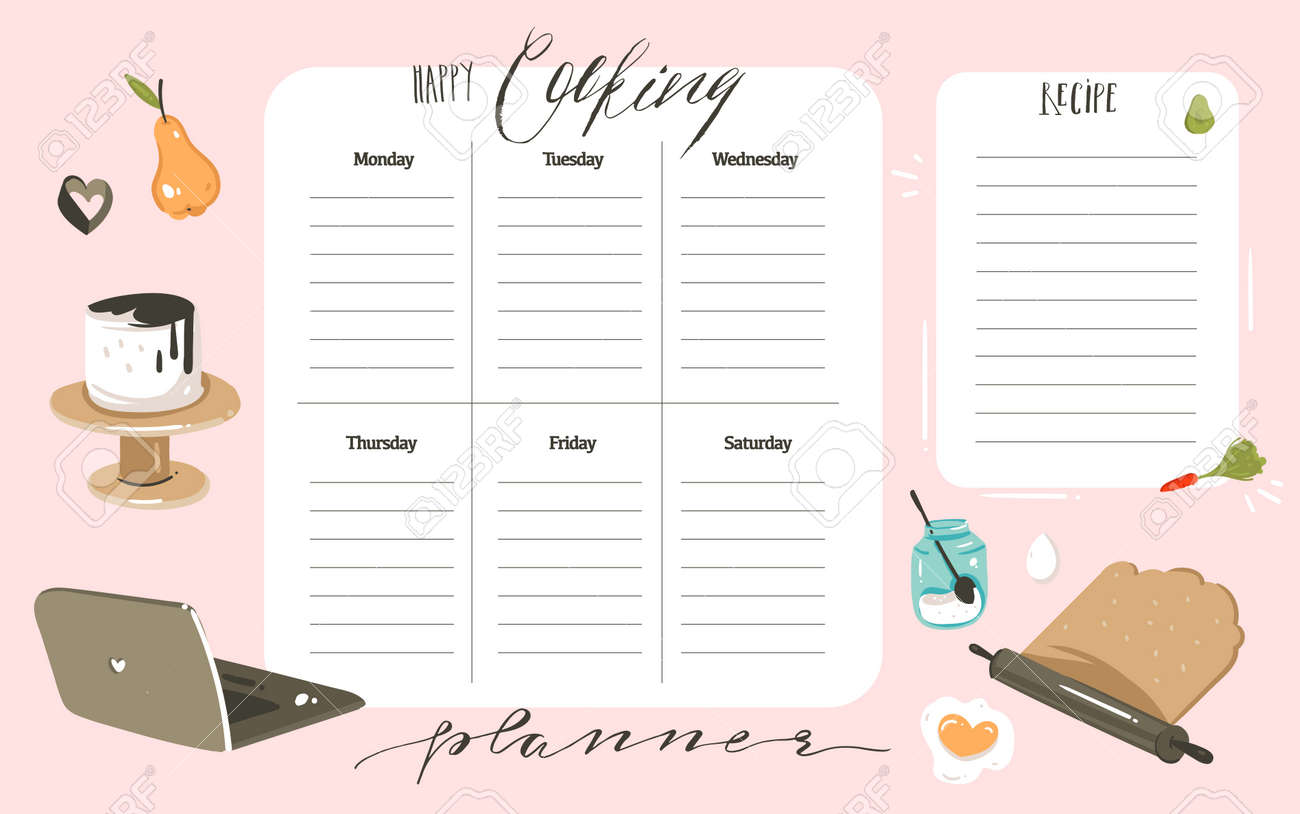hand drawn vector abstract modern cartoon cooking studio class weekly cooking planner