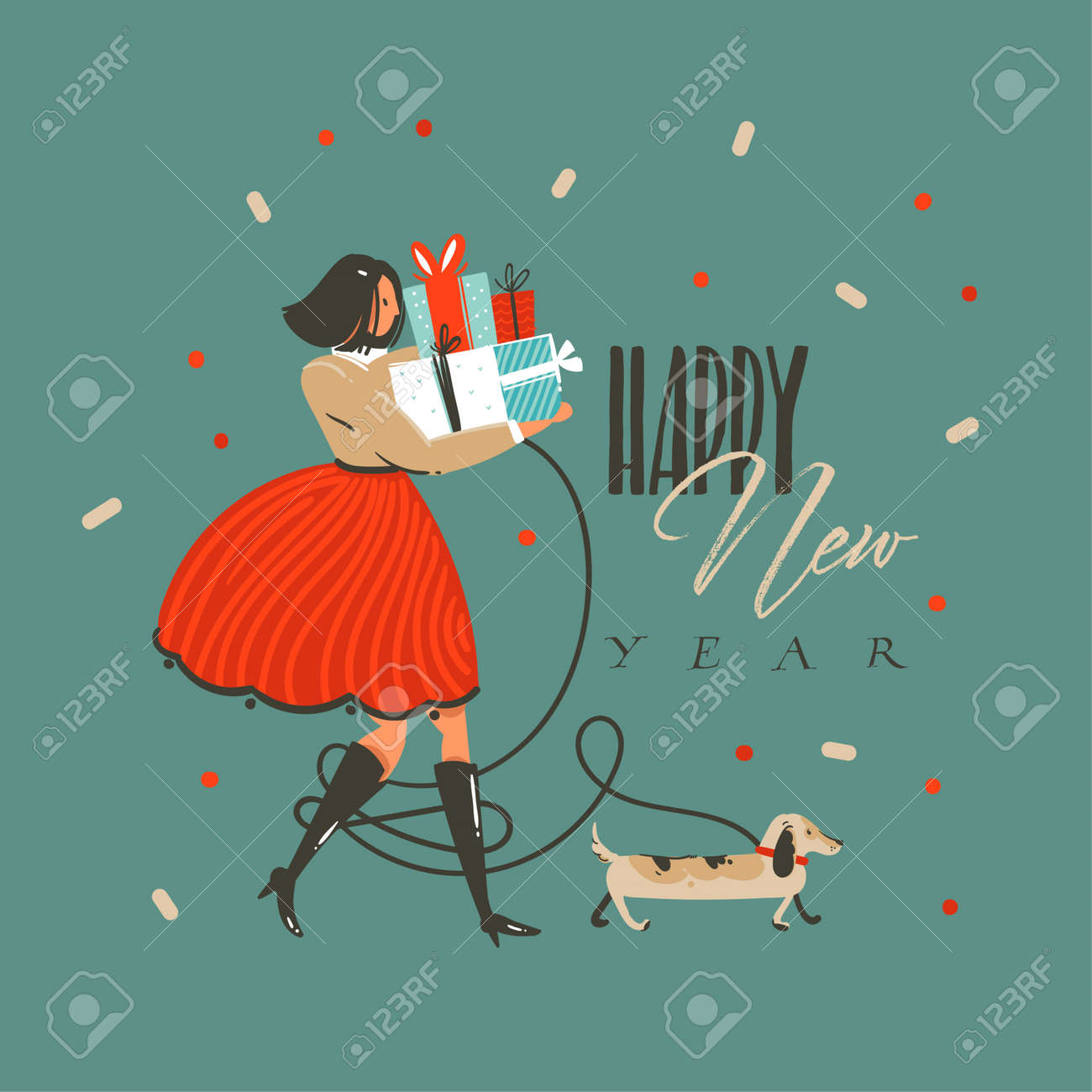 Hand drawn vector abstract fun Merry Christmas and Happy New Year time cartoon illustration greeting card with funny dog,girl with presents and Happy New Year text isolated on green background. - 112738612 Hand drawn vector abstract fun Merry Christmas and Happy New Year time cartoon illustration greeting card with funny dog,girl with presents and Happy New Year text isolated on green background. - 112738612