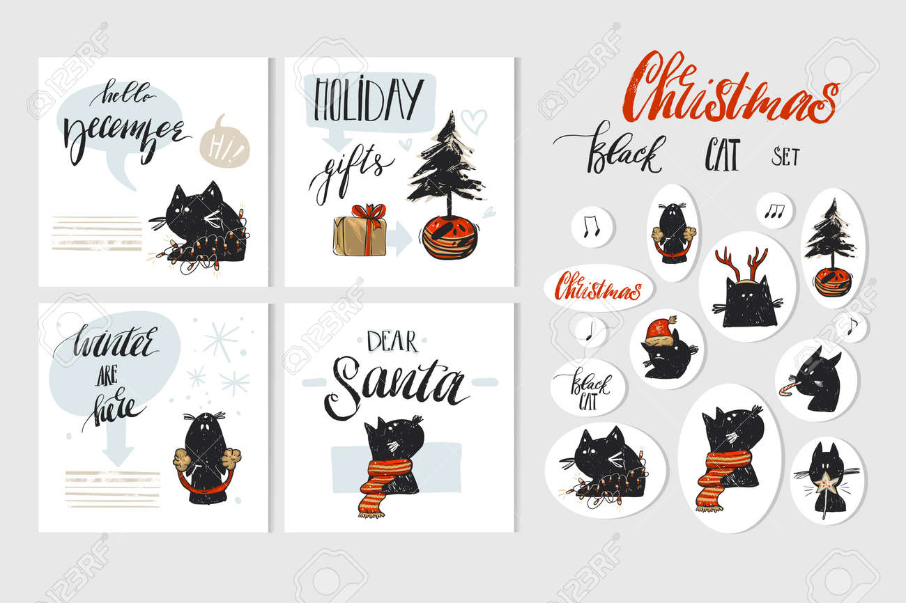 Hand drawn vector abstract Merry Christmas and Happy New Year time cartoon illustration greeting cards collection set with xmas cats and Christmas stickers isolated on white background. - 112897303 Hand drawn vector abstract Merry Christmas and Happy New Year time cartoon illustration greeting cards collection set with xmas cats and Christmas stickers isolated on white background. - 112897303