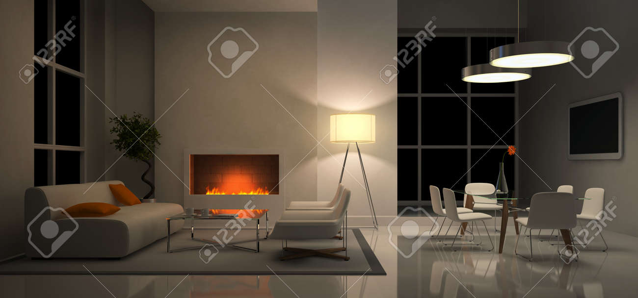 夕方のインテリア 3 D レンダリングで Panaramic ビュー の写真素材 画像素材 Image