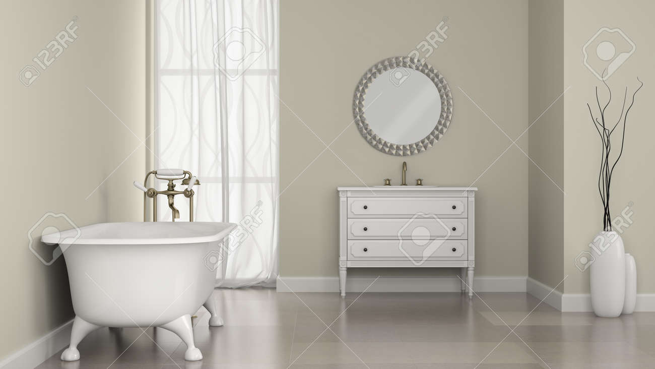 banque dimages intrieur de salle de bain classique avec miroir rond et vases rendu 3d - Salle De Bain Classique banque dimages intrieur de salle de bain classique avec miroir rond et vases rendu 3d - Salle De Bain Classique