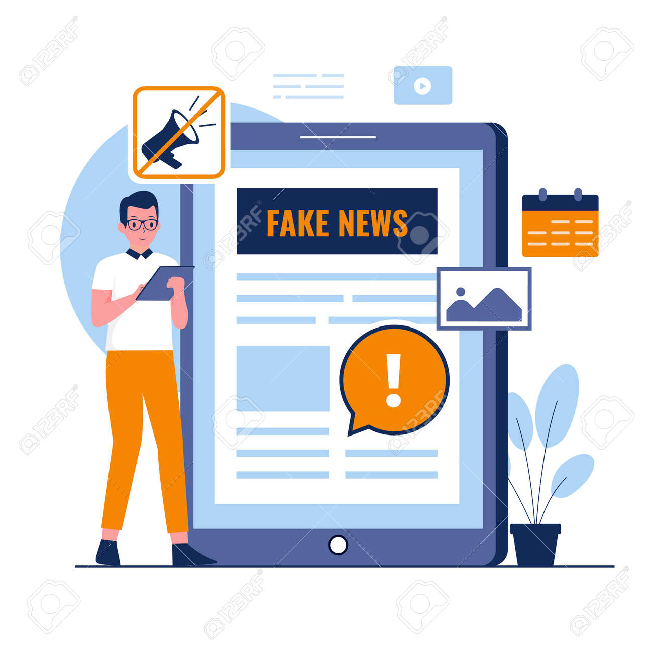フェイクニュースイラストコンセプトのフラットなデザイン。ウェブサイト、ランディングページ、モバイルアプリケーション、ポスター、バナーのイラスト。トレンディなフラットベクトルイラストのイラスト素材・ベクター  Image 184314502
