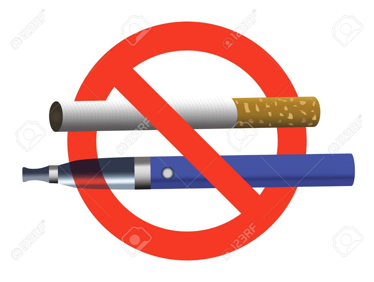 Blue e-cigarette and cigarette in red circle realistic vector illustration. No smoking, no vaping sign. - 90303413 Blue e-cigarette and cigarette in red circle realistic vector illustration. No smoking, no vaping sign. - 90303413