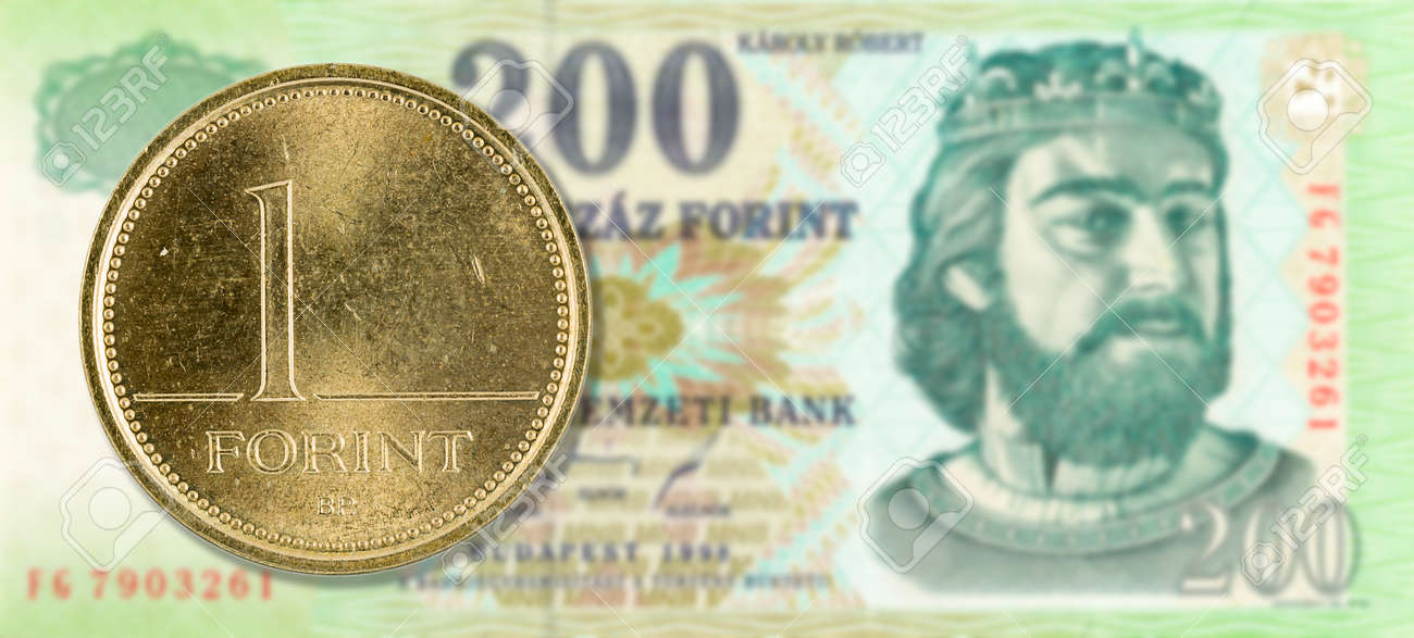 0 のハンガリー フォリント紙幣の表側に対して 1 フォリント硬貨 の写真素材 画像素材 Image