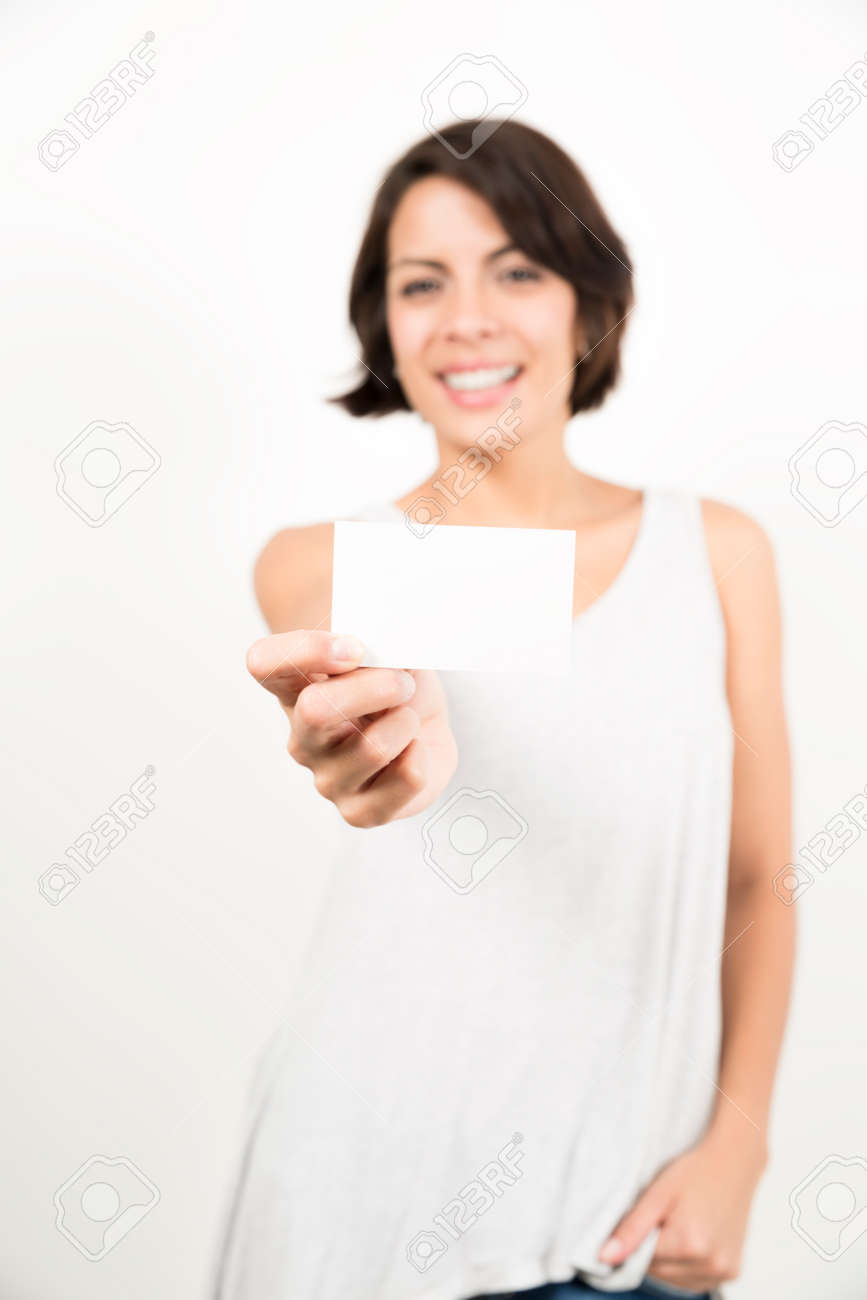 happy woman holding business card for your text stock photo picture