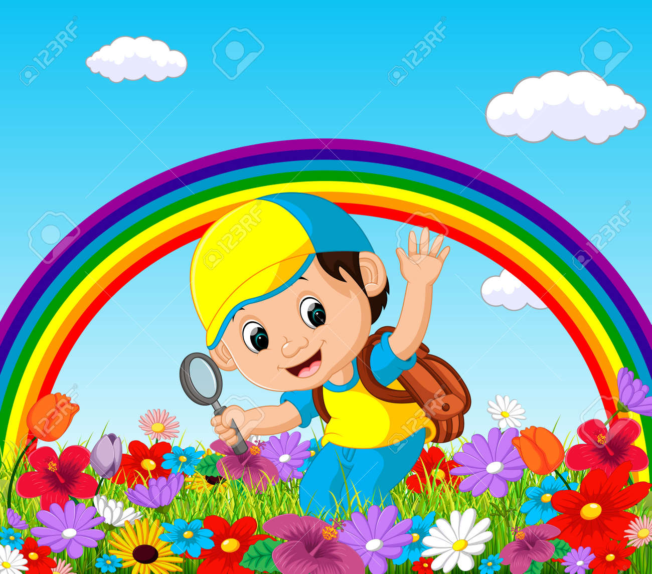 虹と花の庭園に虫眼鏡を保持しているかわいい男の子 のイラスト素材 ベクタ Image