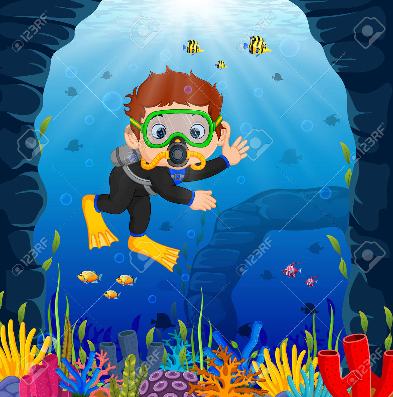 海でダイビング漫画の少年のイラスト素材 ベクタ Image