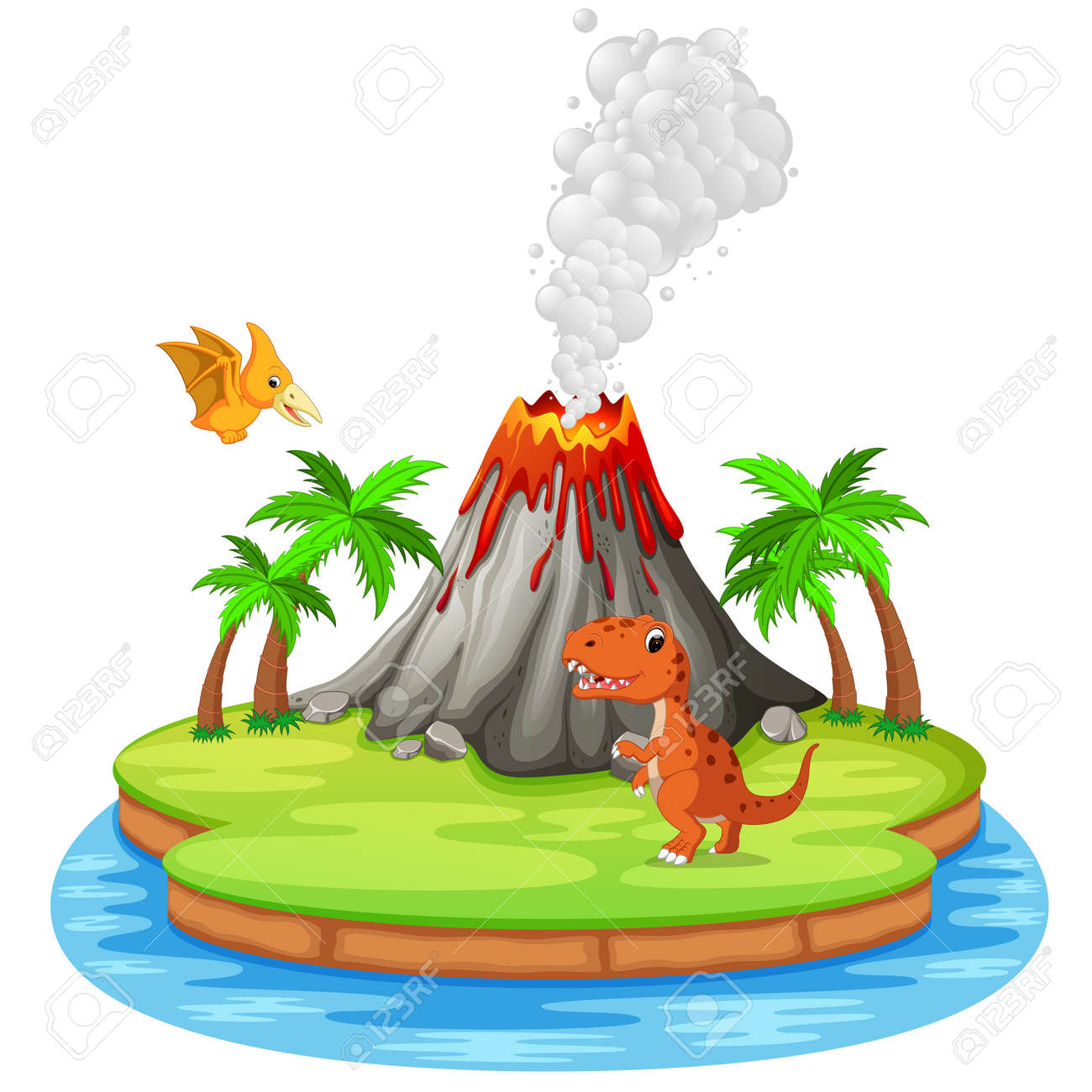 Dinosaur And Volcano Eruption In Colorful Illustration Royalty Free Cliparts Vectors And Stock Illustration Image