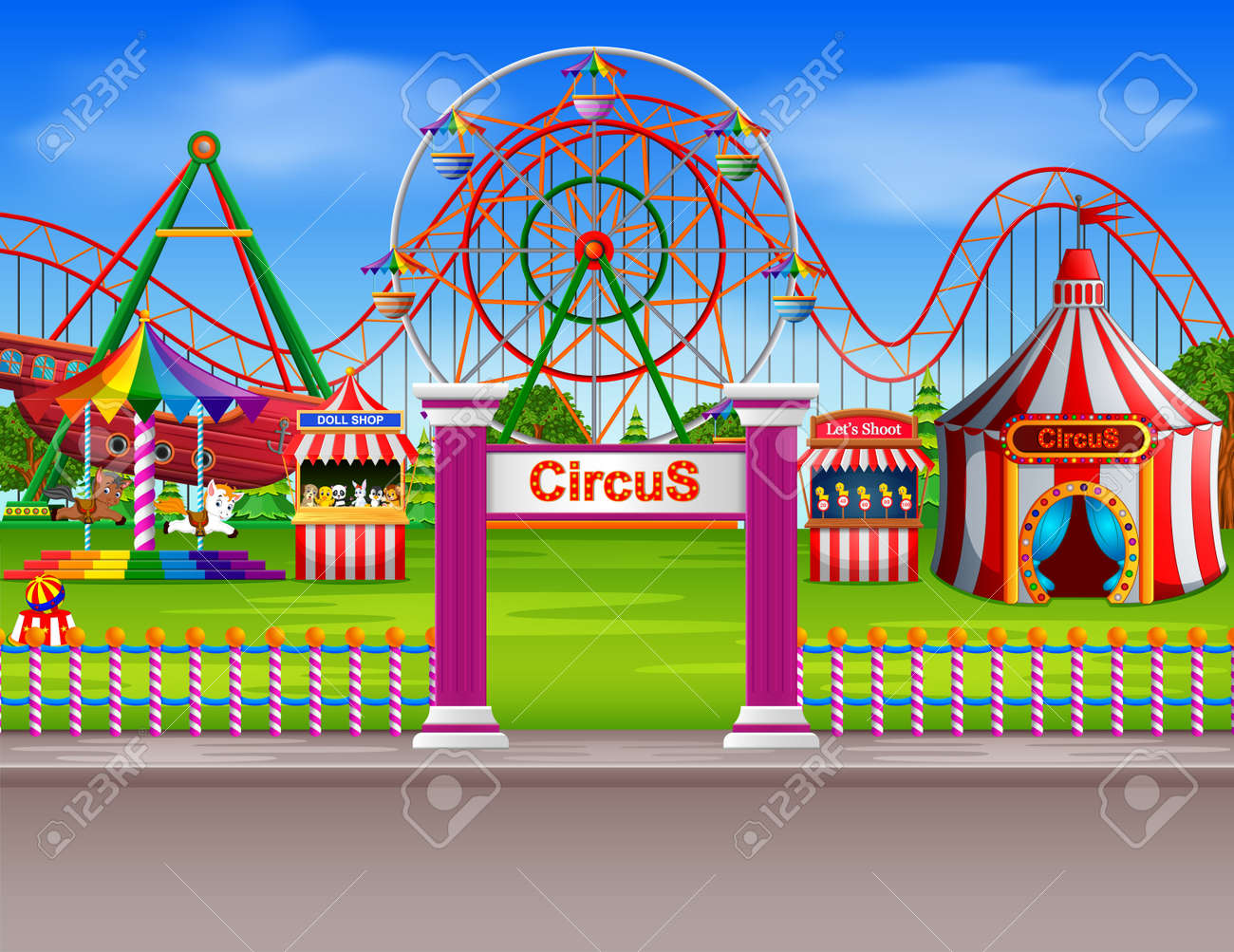 多くの乗り物と昼間の遊園地のシーンのイラスト素材 ベクタ Image