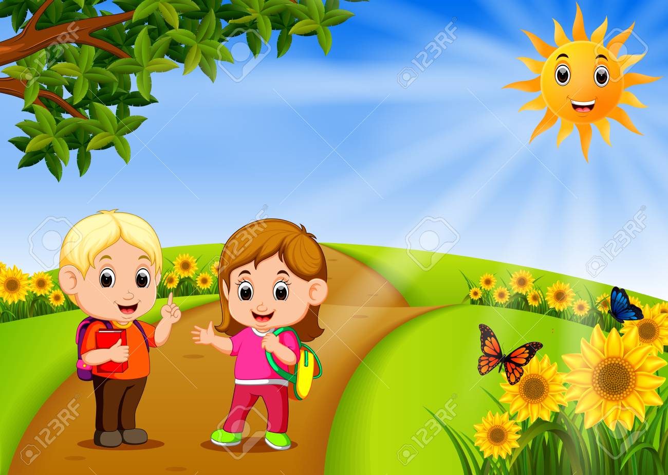 Kids Go To School With Scenery Beautiful Garden Stock Photo ...