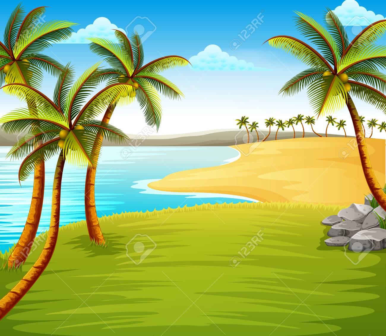 The Beautiful Tropical Beach View With Some Coconut Trees On The Coast Near  The Green Field Royalty Free SVG, Cliparts, Vectors, and Stock  Illustration. Image 109066774., image size:1300x1134