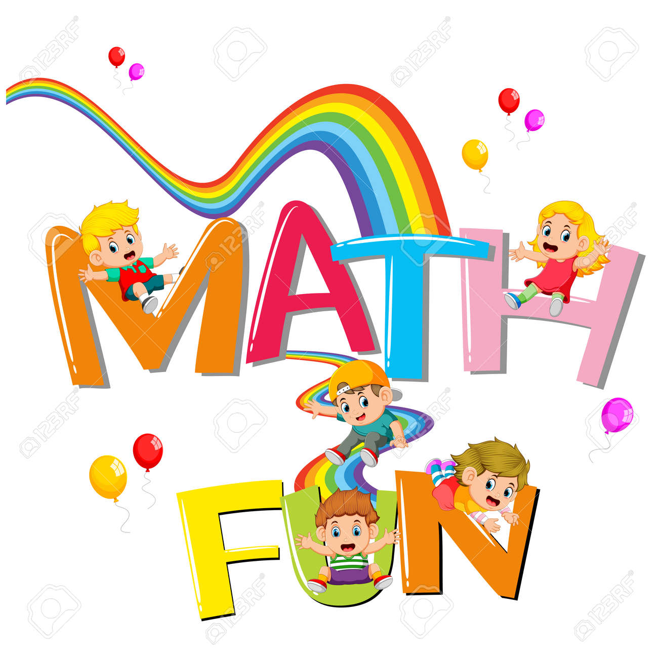 font design for word math is fun with kids sliding on the rainbow math design