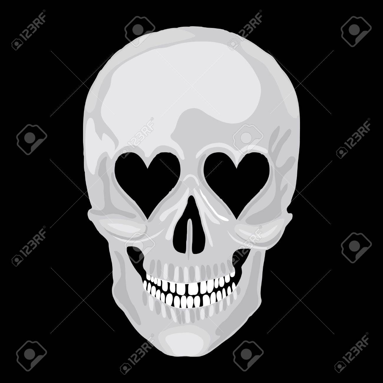 バレンタインの日ベクター オブジェクト スカル イラスト人々 の骨の黒い背景のハロウィーンのシンボルに分離された設計の心愛の目で人間の頭蓋骨のイラスト素材 ベクタ Image