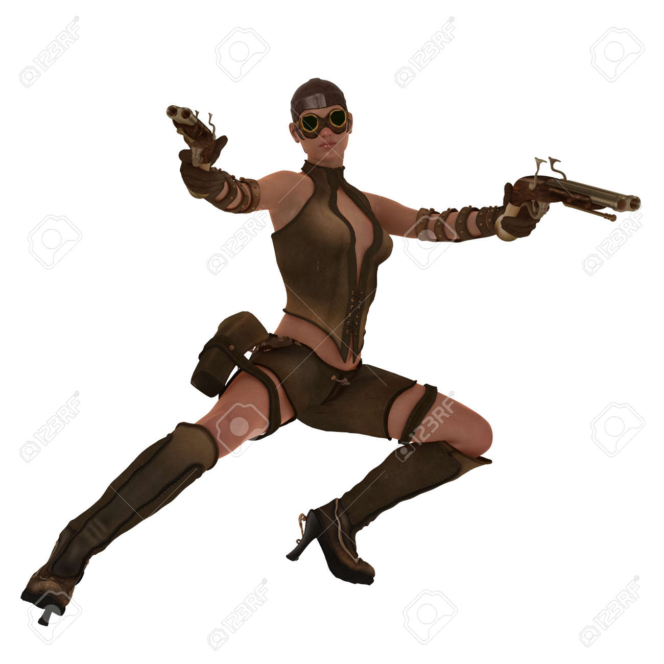 スチーム パンク アクションで女性の二重銃身火打ち石銃ピストルのペアを振り回してポーズします の写真素材 画像素材 Image