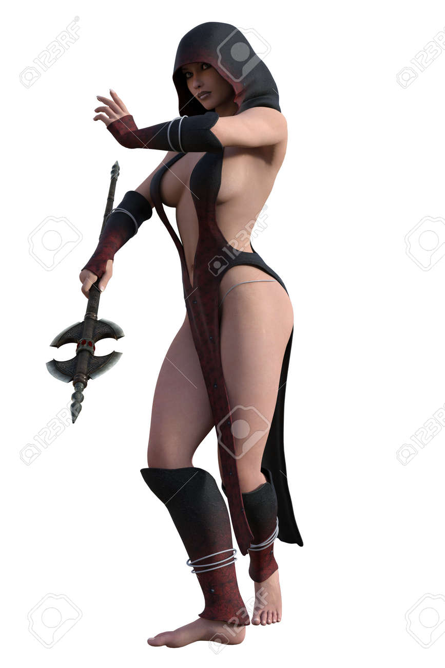 Fantasy Hooded Female Assassin In Revealing Dress With Twin Bladed Axe  Stock Photo, Picture And Royalty Free Image. Image 55794894.