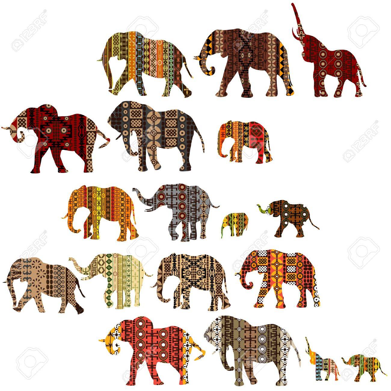 set of patterned elephants in ethnic style royalty free cliparts