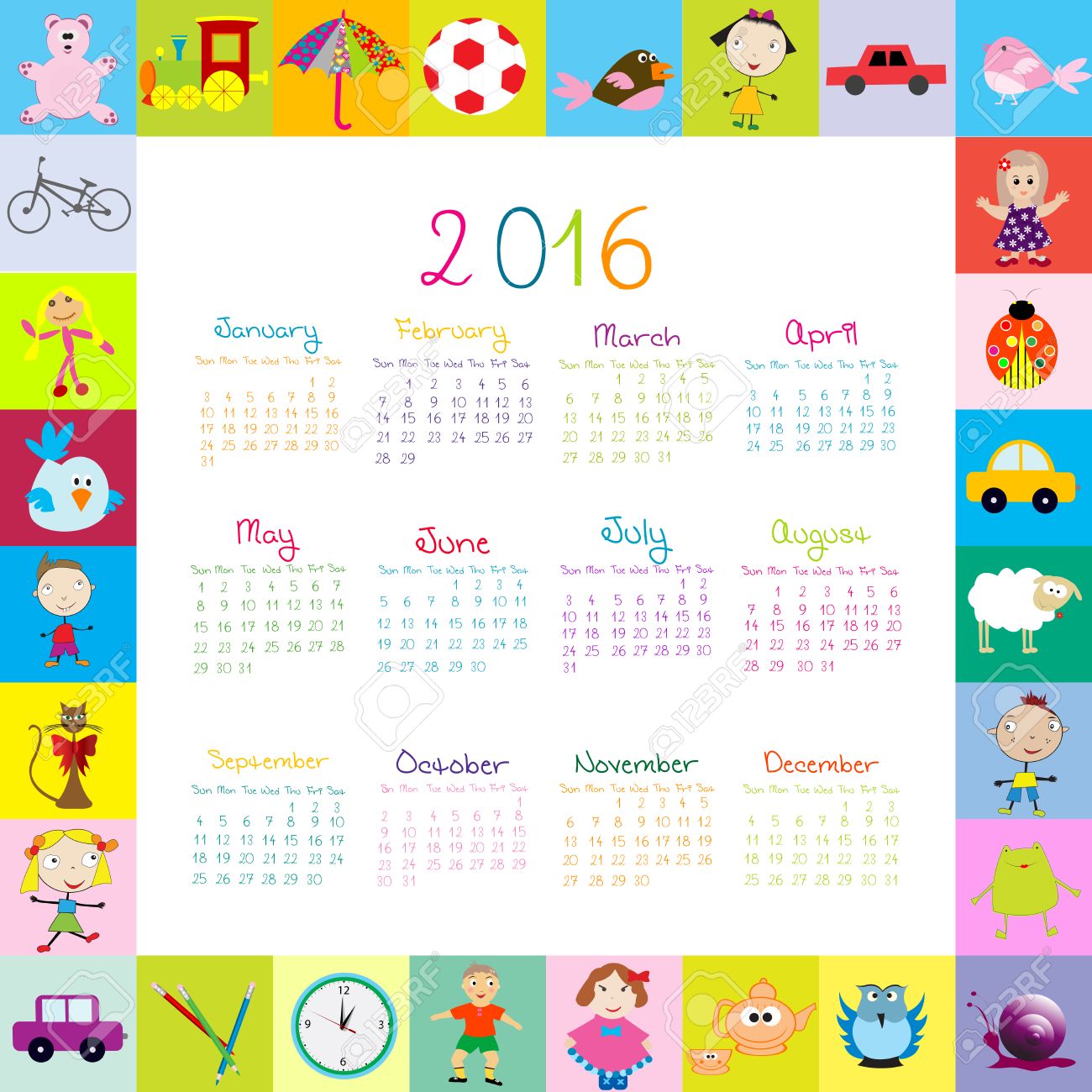 frame with cartoon toys 2016 calendar royalty free cliparts vectors