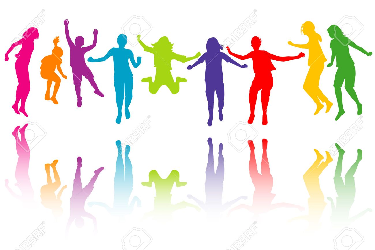 カラフルな子供のシルエット ジャンプのセットのイラスト素材 ベクタ Image