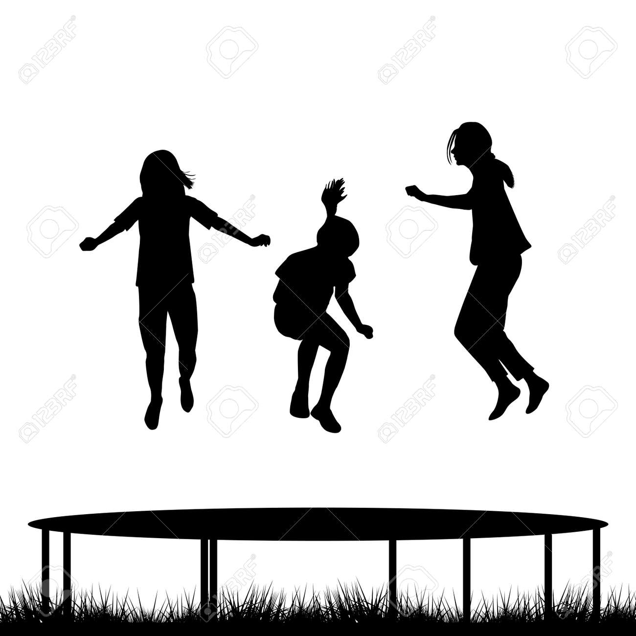 庭のトランポリンでジャンプ子供シルエットのイラスト素材 ベクタ Image