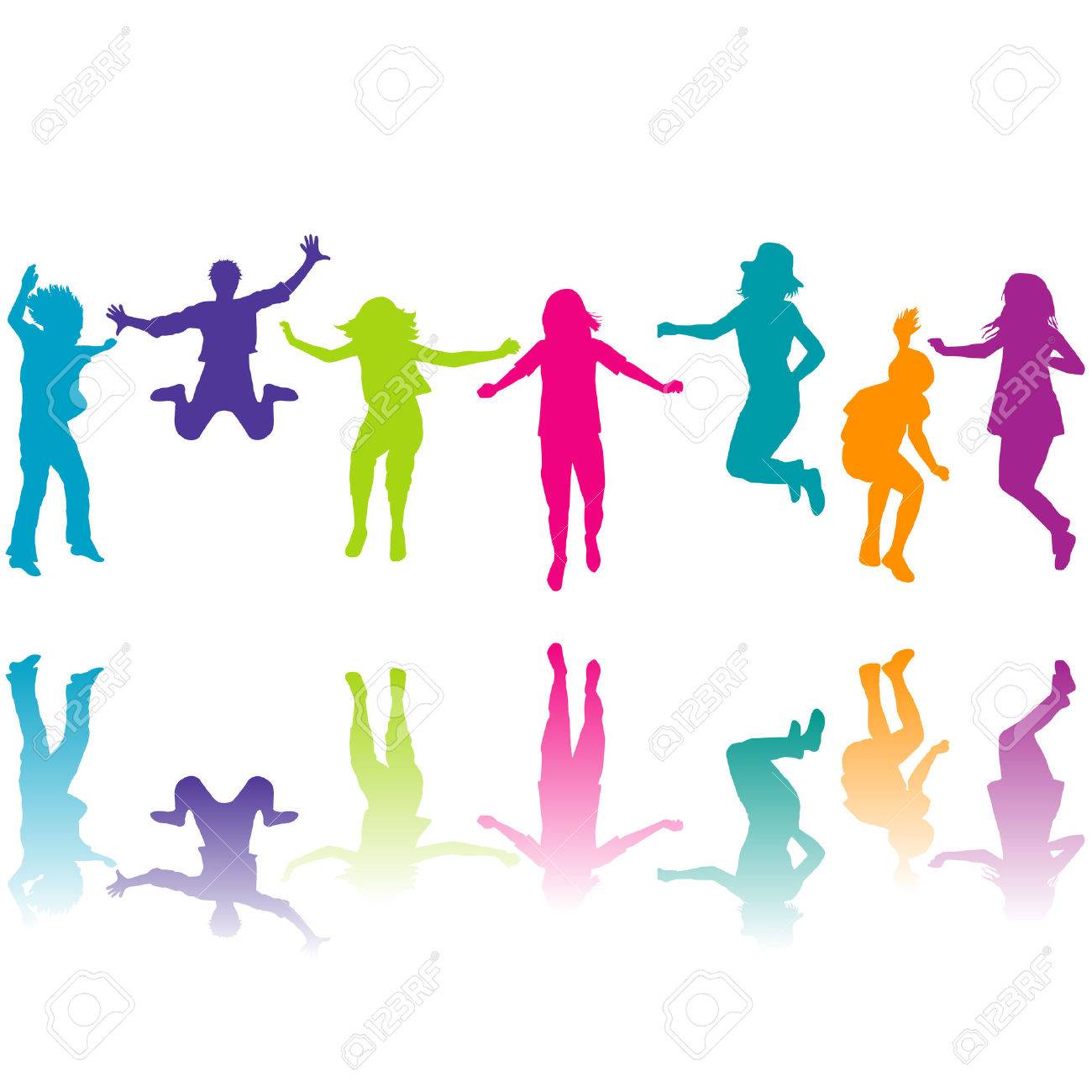 カラフルな子供のシルエットが白い背景の上にジャンプのセットのイラスト素材 ベクタ Image