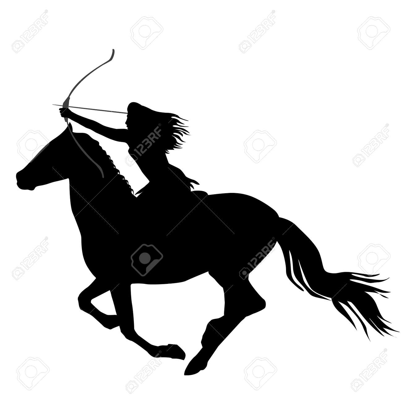弓と矢で馬に乗っているアマゾンの戦士の女性の黒いシルエット のイラスト素材 ベクタ Image 弓と矢で馬に乗っているアマゾンの戦士の女性の黒いシルエット のイラスト素材 ベクタ Image