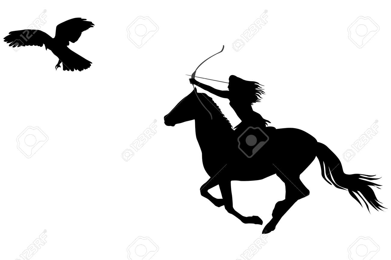 弓と矢で馬に乗るアマゾンの戦士の女性のシルエット のイラスト素材 ベクタ Image 弓と矢で馬に乗るアマゾンの戦士の女性のシルエット のイラスト素材 ベクタ Image