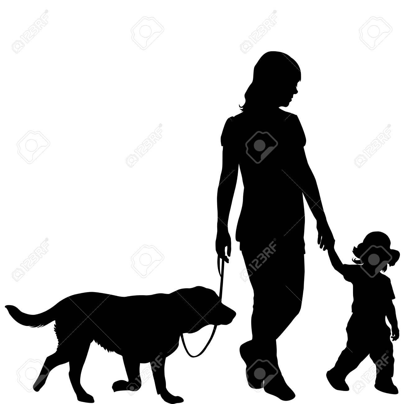 子供と犬の散歩を持つ女性のシルエット のイラスト素材 ベクタ Image