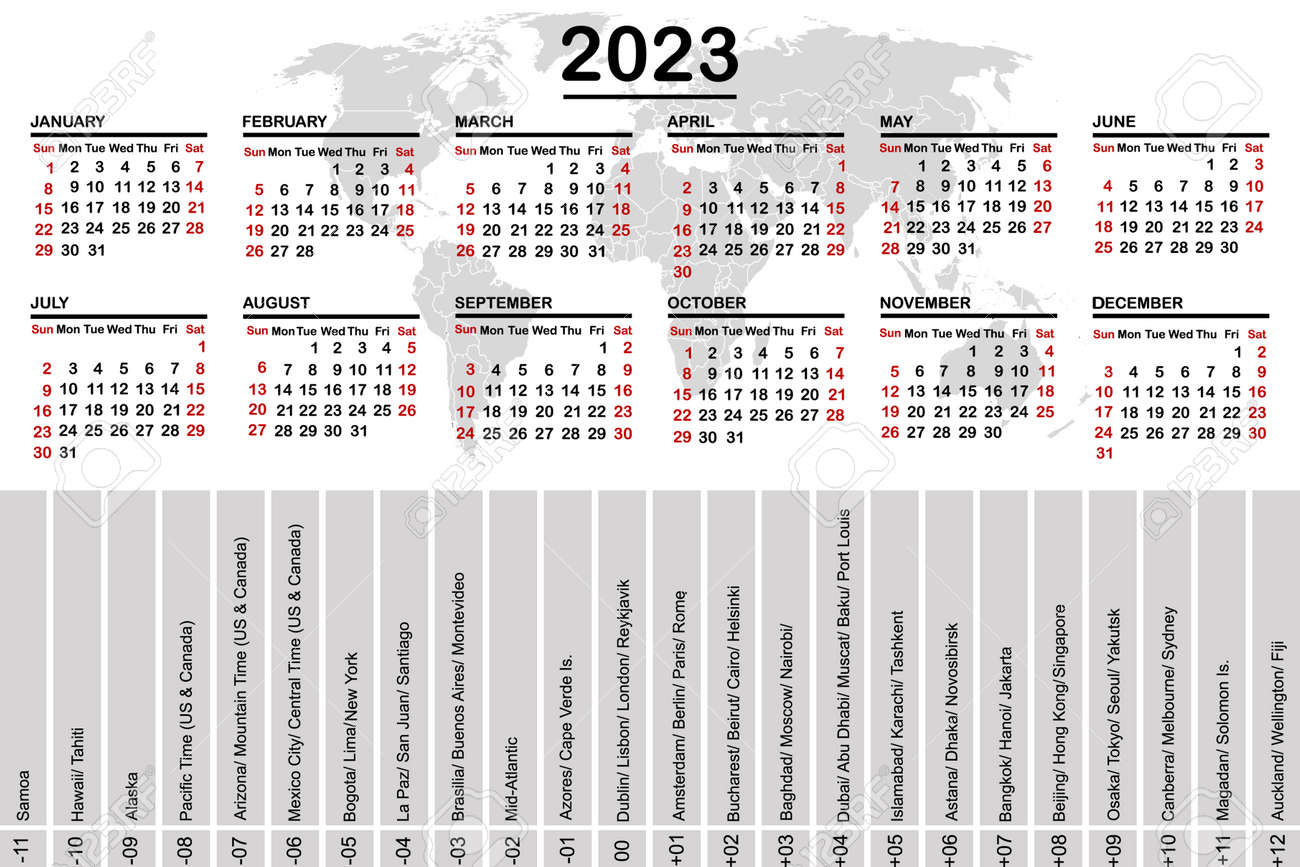 Calendrier As Rome 2023 2023 Calendar With World Map And Time Zones Royalty Free Cliparts, Vectors,  And Stock Illustration. Image 136644065.