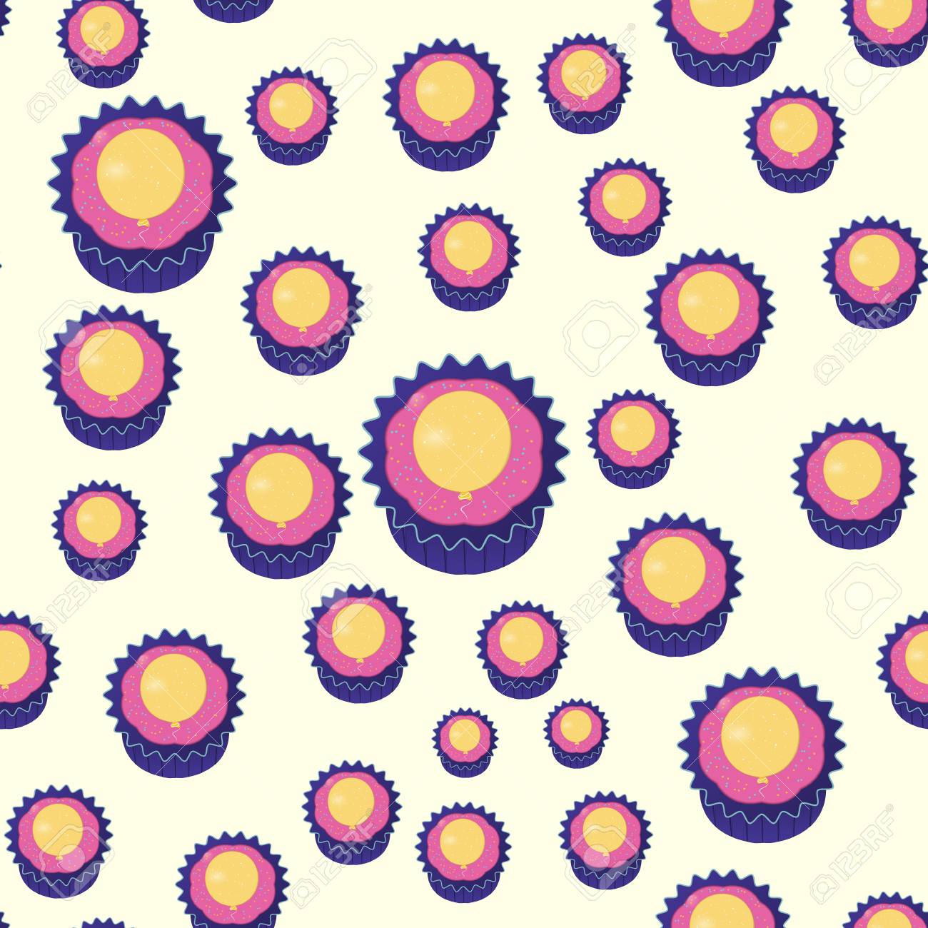 seamless pattern cupcake pink and purple with yellow balloon