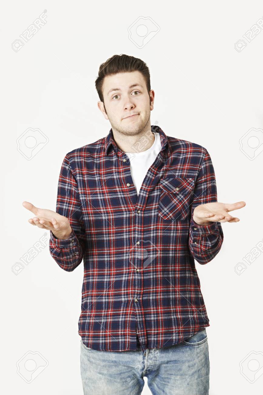 Studio Portrait Of Man Shrugging Shoulders Stock Photo, Picture and Royalty  Free Image. Image 46634031., image size:867x1300