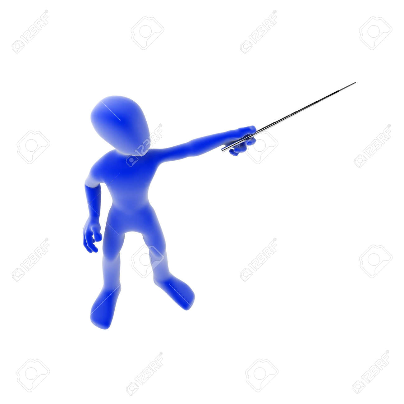 a blue 3d figure pointing over white isolated stock photo picture