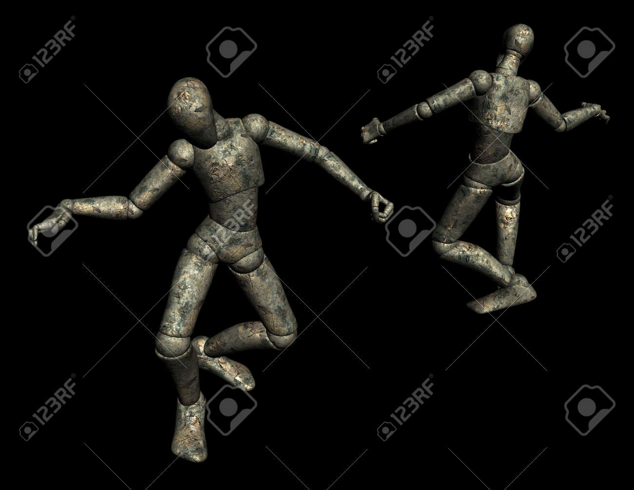 darkened wood 3d mannikin doll front and back views stock photo
