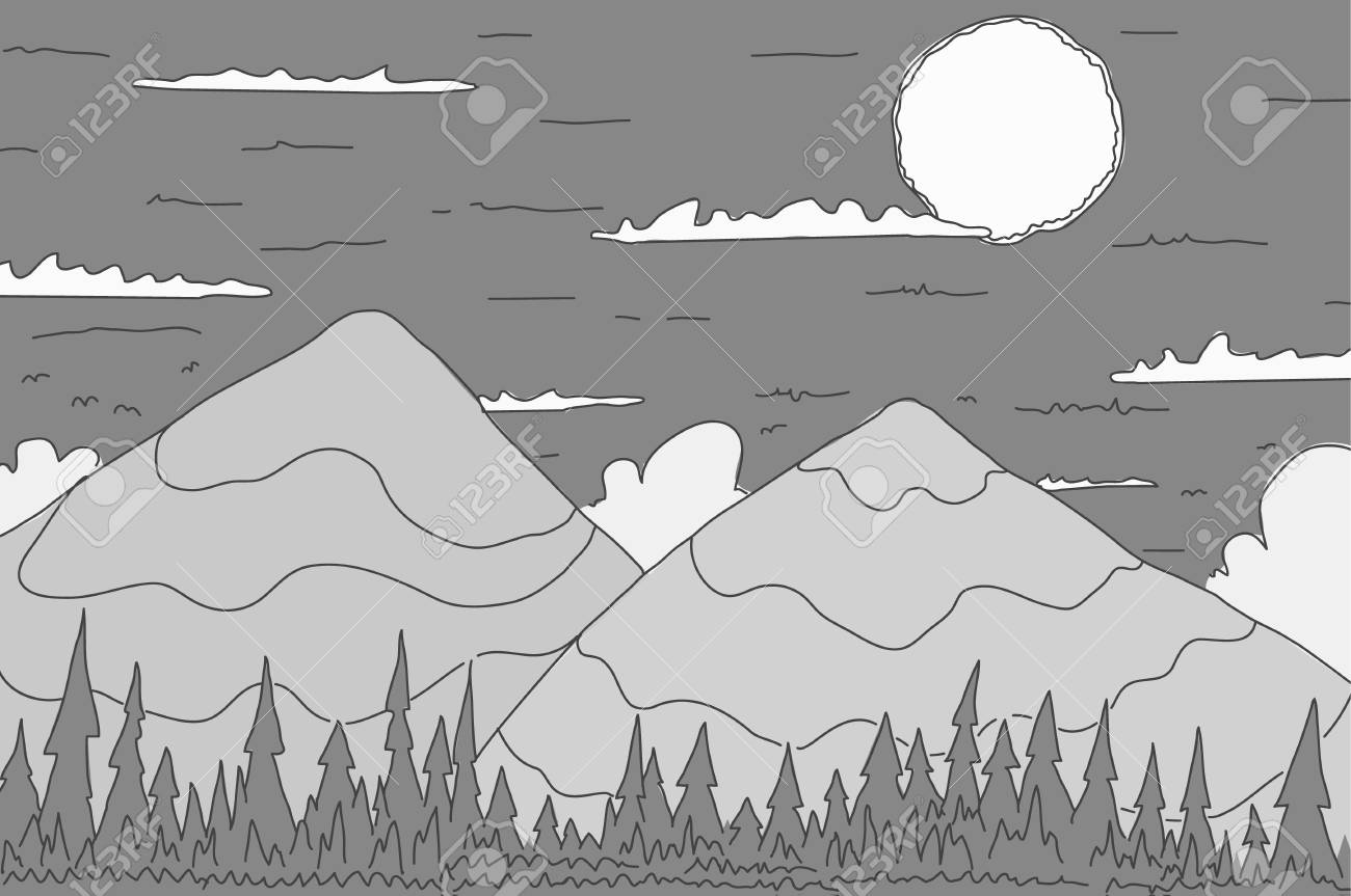 Dessin Au Trait Simple Paysage Gris Dessin Animé Horizontal Illustration Vectorielle