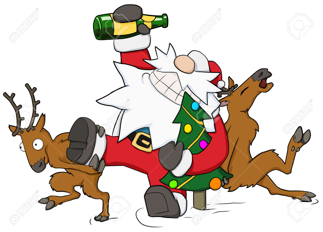 Christmas party celebration, reindeer pushing drunk Santa forward humorous cartoon illustration, horizontal, over white, isolated - 139948799 Christmas party celebration, reindeer pushing drunk Santa forward humorous cartoon illustration, horizontal, over white, isolated - 139948799