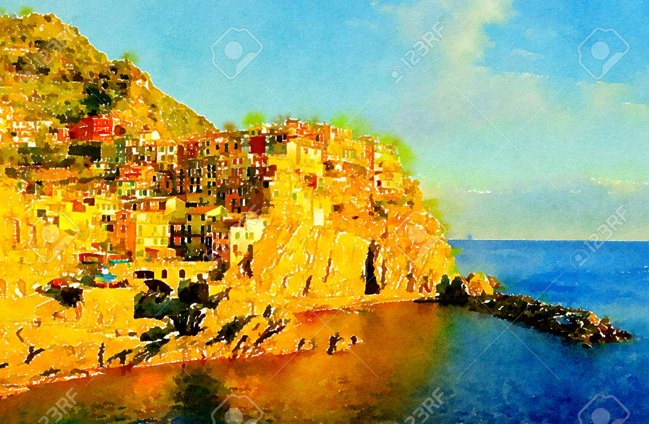 リヴィエラ　ヨーロッパ 地中海 風景画 水彩画 海 イタリア ヨット リヴィエラ ヨーロッパ イタリア 地中海 絵画 ヨット 海 リビエラ 風景