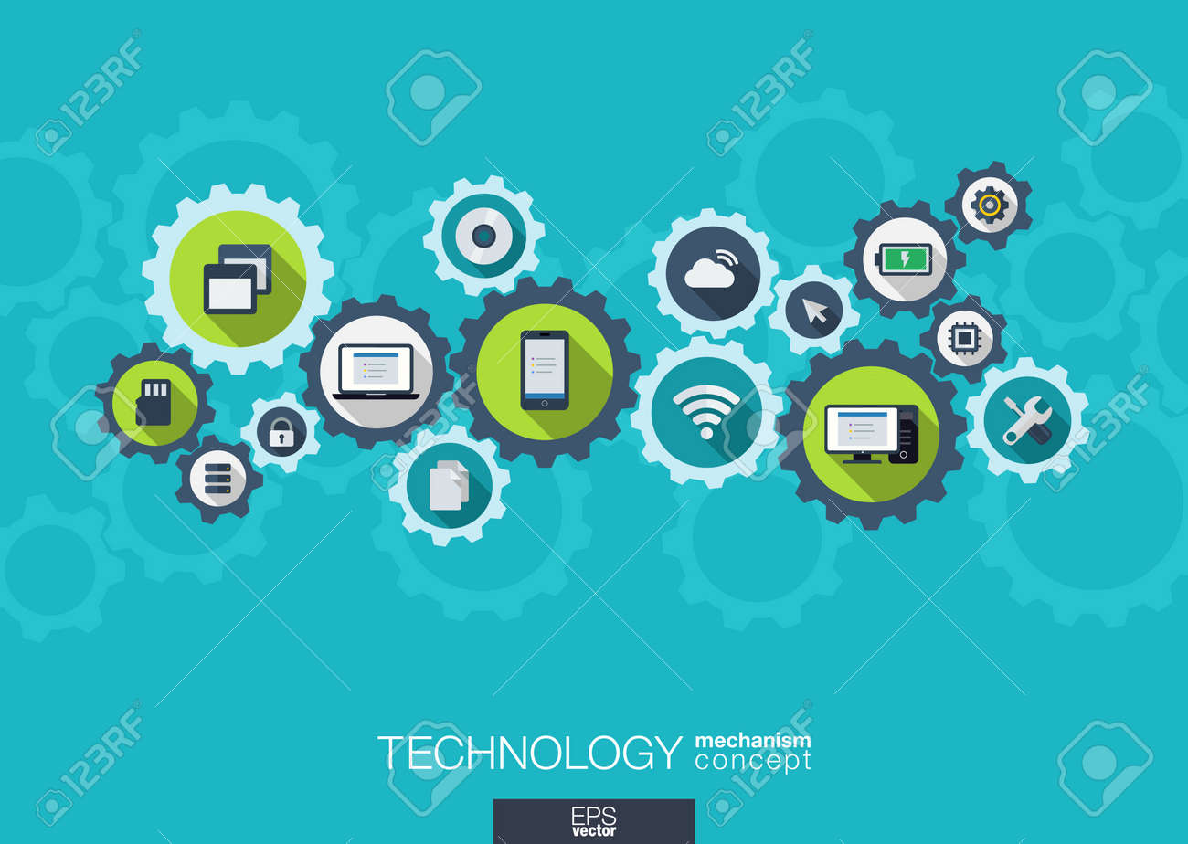 Technology mechanism concept. Abstract background with integrated gears and icons for digital, internet, network, connect, social media and global concepts. Vector infograph illustration. Flat design - 31733407 Technology mechanism concept. Abstract background with integrated gears and icons for digital, internet, network, connect, social media and global concepts. Vector infograph illustration. Flat design - 31733407