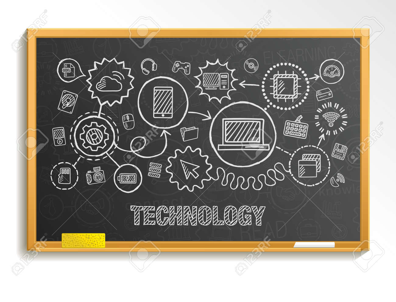 Technology hand draw integrate icons set on school board. Vector sketch infographic illustration. Connected doodle pictograms: internet digital market media computer network interactive concept - 41722803 Technology hand draw integrate icons set on school board. Vector sketch infographic illustration. Connected doodle pictograms: internet digital market media computer network interactive concept - 41722803