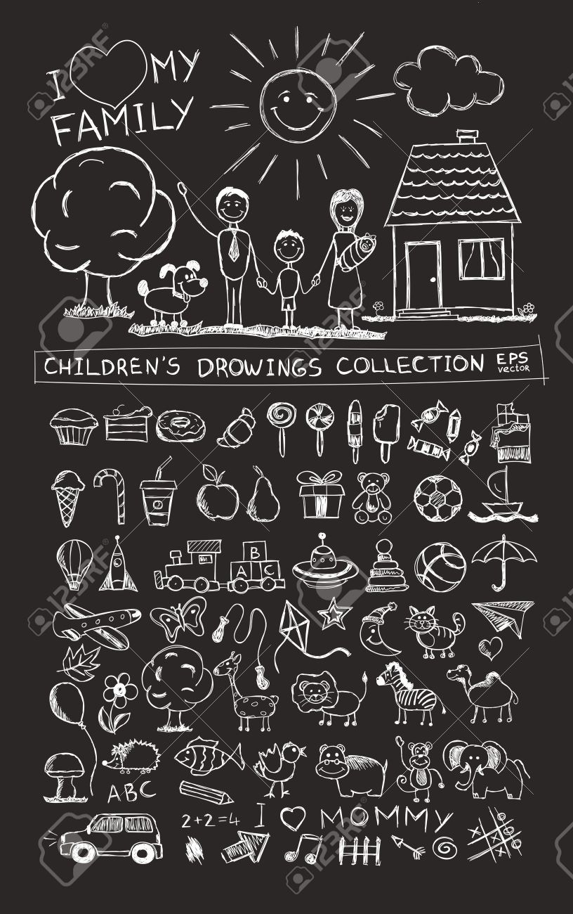 子の手ホーム太陽犬の近くの子供たちと幸せな家族のイラストを描きます 子供鉛筆絵画ベクトルのイメージ スケッチ学校黒板落書きセット お菓子ロリポップ食べ物赤ちゃんおもちゃ動物のイラスト素材 ベクタ Image