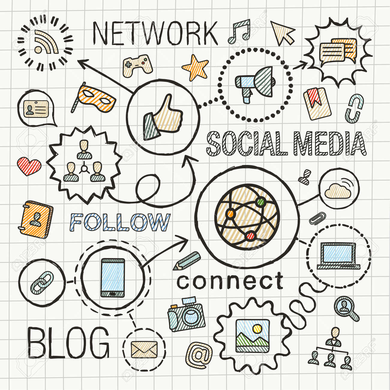 Social Media Hand Tekenen Geïntegreerde Kleuren Iconen Set ...