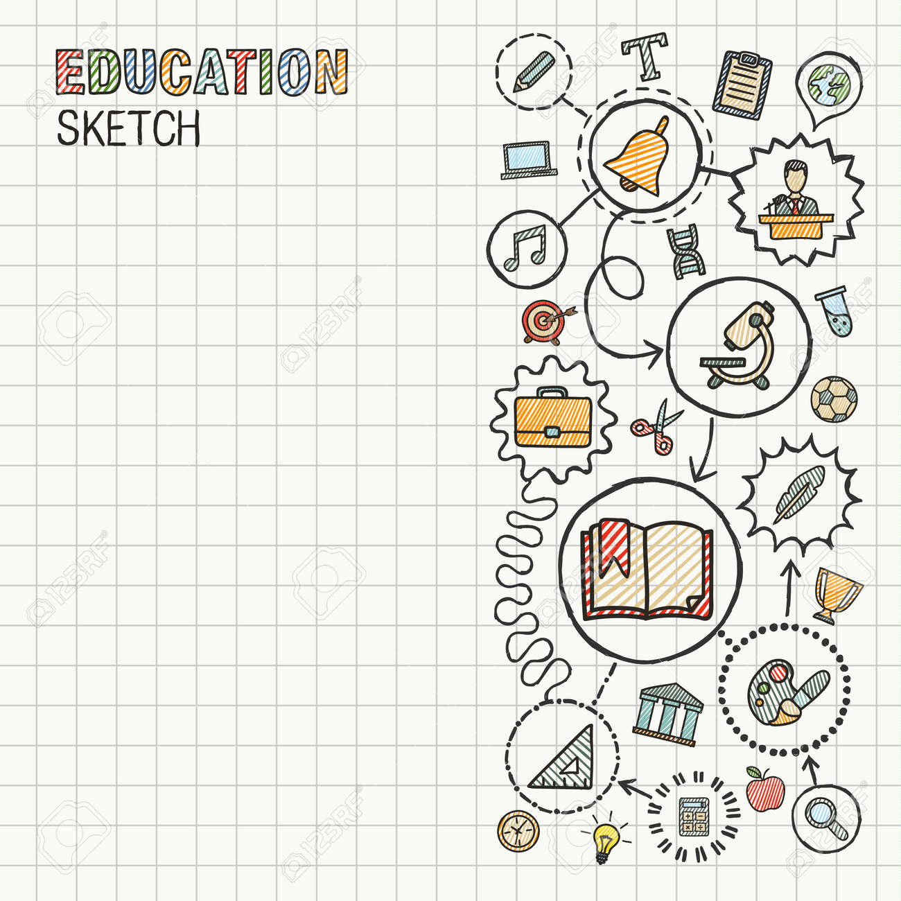 Education hand draw integrated icons set on paper. Colorful vector sketch infographic circle illustration. Connected doodle pictograms: social, elearn, learning, media, knowledge interactive concepts - 43377692 Education hand draw integrated icons set on paper. Colorful vector sketch infographic circle illustration. Connected doodle pictograms: social, elearn, learning, media, knowledge interactive concepts - 43377692