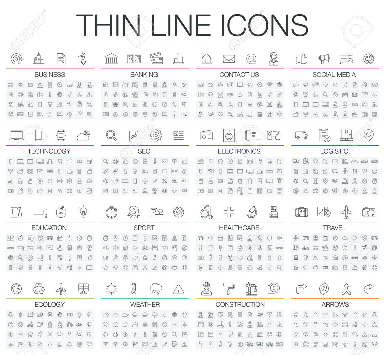illustration of thin line icons for business, banking, contact, social media, technology, seo, logistic, education, sport, medicine, travel, weather, construction, arrow. Linear symbols set. - 53666647 illustration of thin line icons for business, banking, contact, social media, technology, seo, logistic, education, sport, medicine, travel, weather, construction, arrow. Linear symbols set. - 53666647